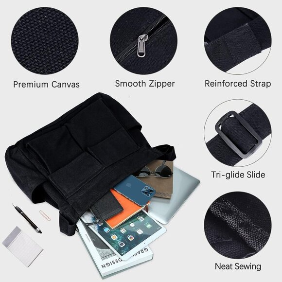 Canvas Messenger Bag Large Hobo Crossbody Bag with Multiple Pockets Canvas Shoul - Picture 3 of 6